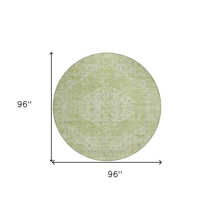 8' Sage And Ivory Round Oriental Washable Indoor Outdoor Area Rug