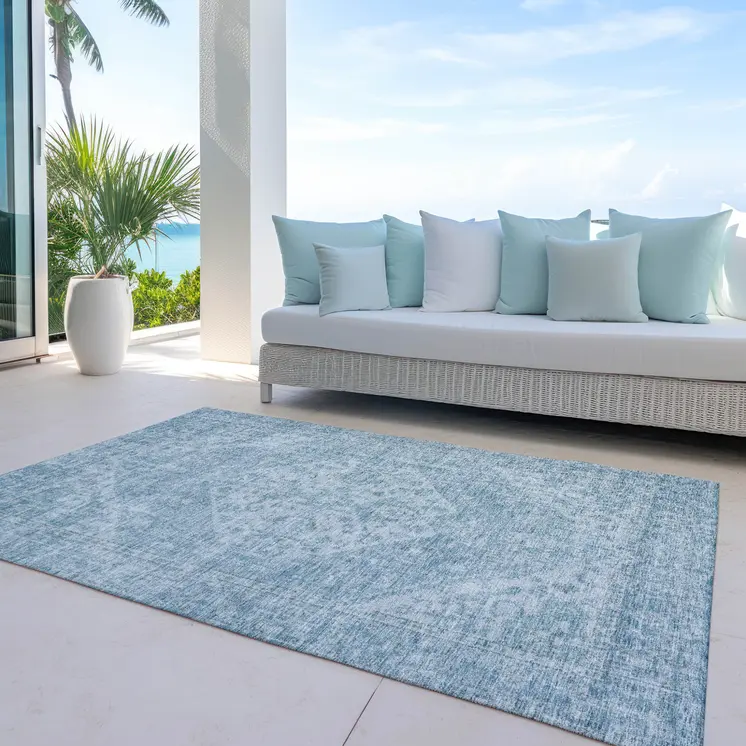 5' X 8' Sky Blue And Ivory Oriental Washable Indoor Outdoor Area Rug