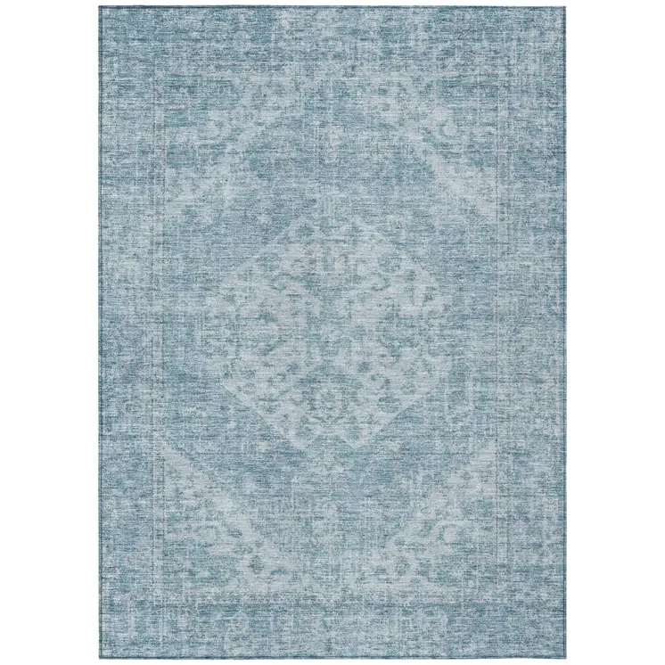 5' X 8' Sky Blue And Ivory Oriental Washable Indoor Outdoor Area Rug