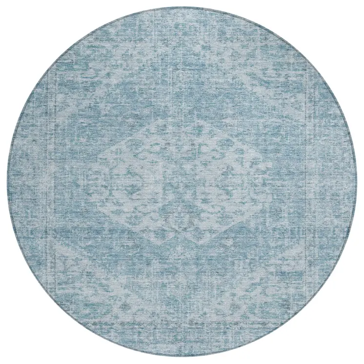 8' Sky Blue And Ivory Round Oriental Washable Indoor Outdoor Area Rug