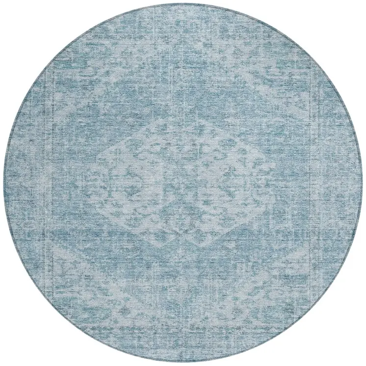 8' Sky Blue And Ivory Round Oriental Washable Indoor Outdoor Area Rug