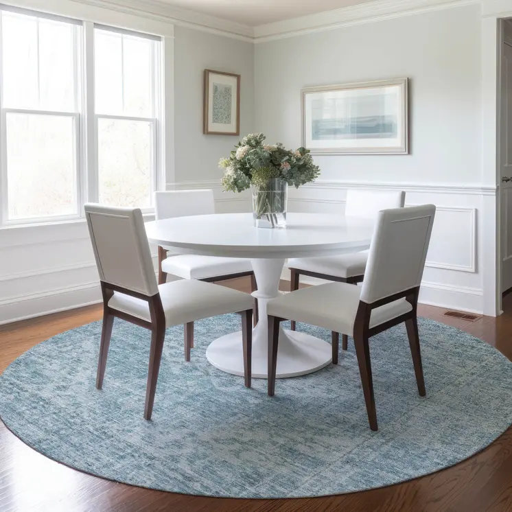 8' Sky Blue And Ivory Round Oriental Washable Indoor Outdoor Area Rug