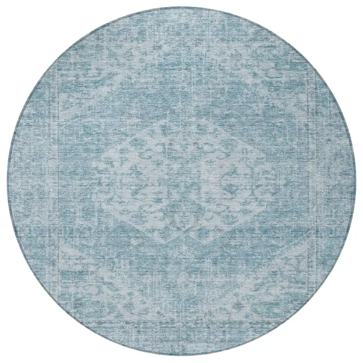 8' Sky Blue And Ivory Round Oriental Washable Indoor Outdoor Area Rug
