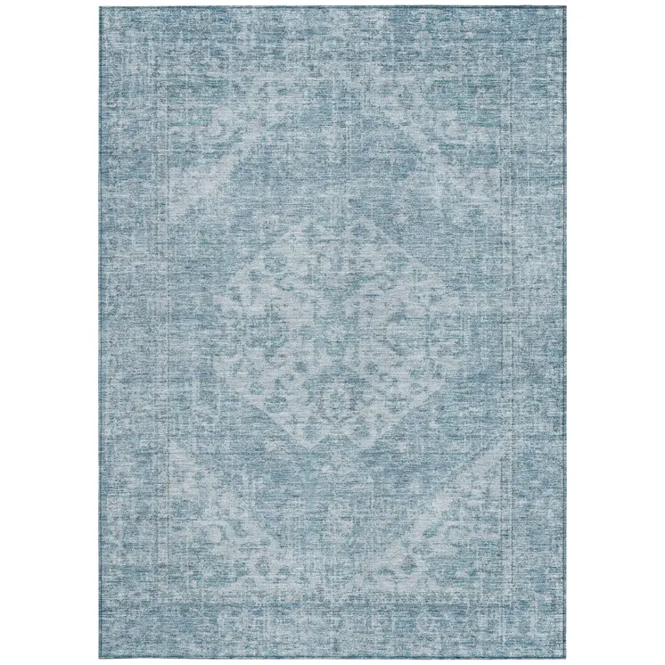 10' X 14' Sky Blue And Ivory Oriental Washable Indoor Outdoor Area Rug