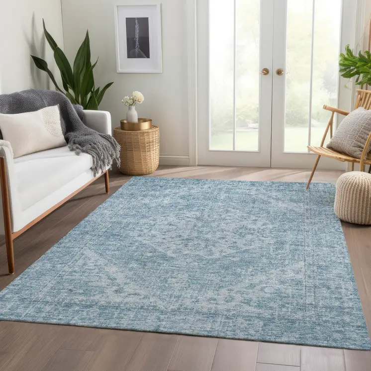 10' X 14' Sky Blue And Ivory Oriental Washable Indoor Outdoor Area Rug