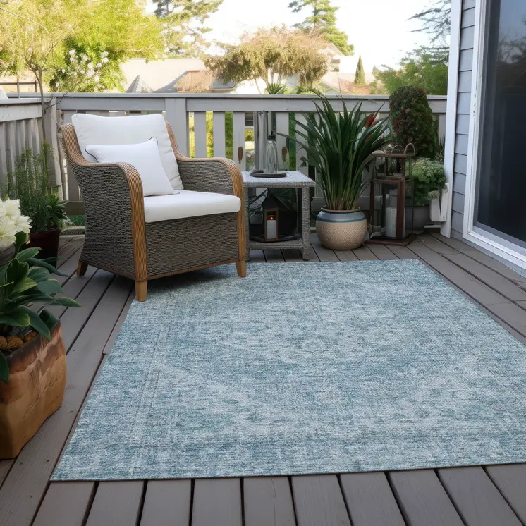 10' X 14' Sky Blue And Ivory Oriental Washable Indoor Outdoor Area Rug