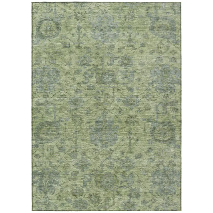 3' X 5' Artichoke Green And Gray Damask Washable Indoor Outdoor Area Rug