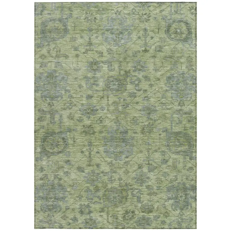 3' X 5' Artichoke Green And Gray Damask Washable Indoor Outdoor Area Rug