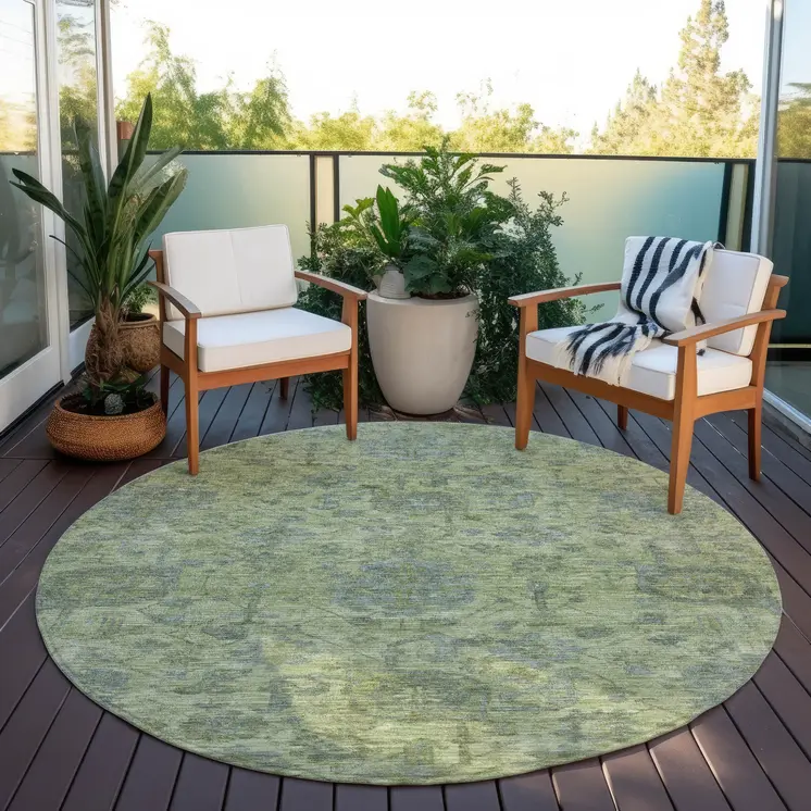 8' Artichoke Green And Gray Round Damask Washable Indoor Outdoor Area Rug
