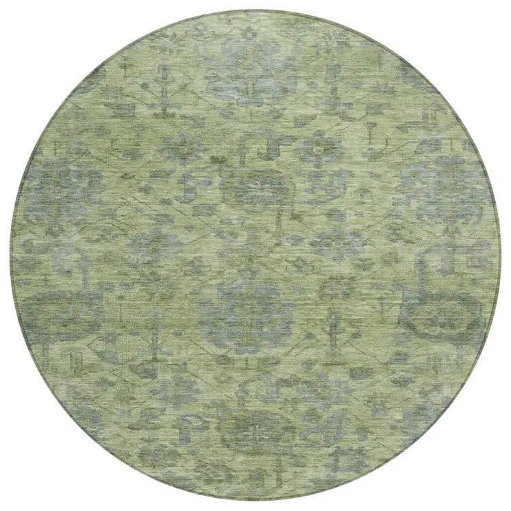 8' Artichoke Green And Gray Round Damask Washable Indoor Outdoor Area Rug