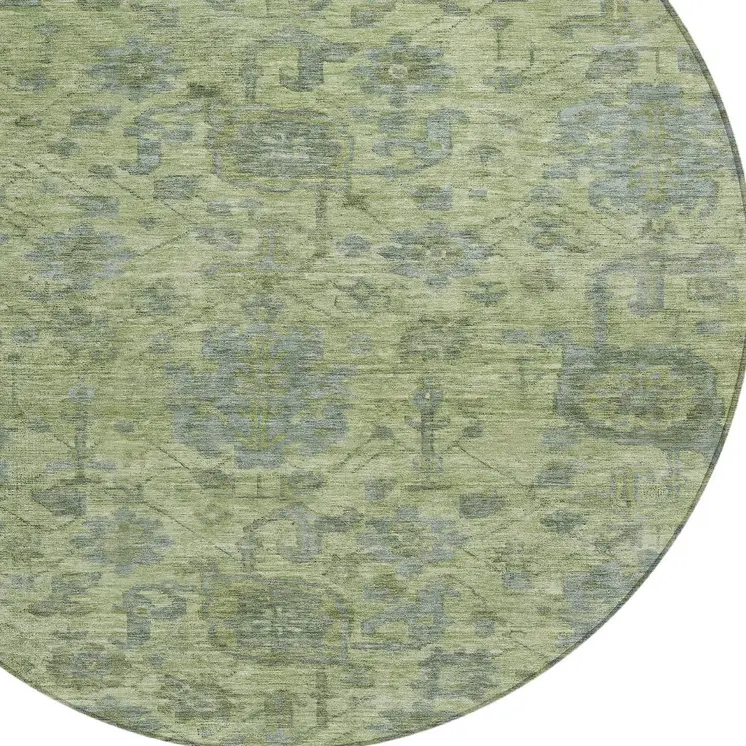 8' Artichoke Green And Gray Round Damask Washable Indoor Outdoor Area Rug