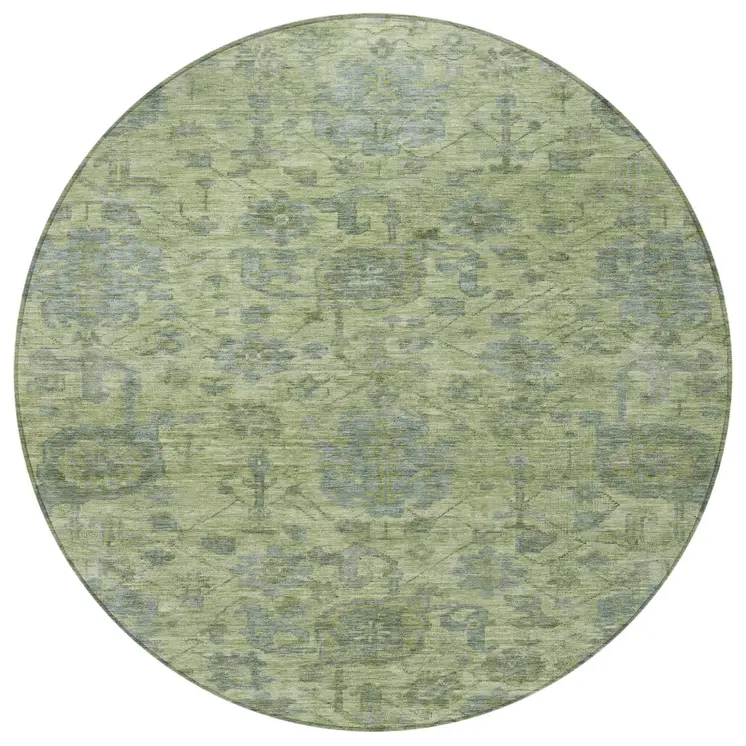 8' Artichoke Green And Gray Round Damask Washable Indoor Outdoor Area Rug