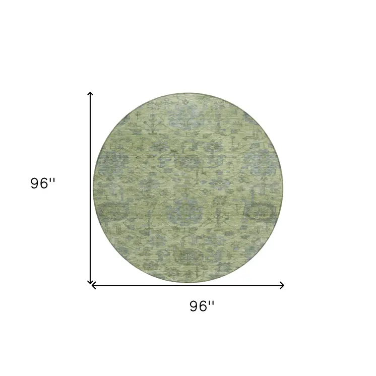8' Artichoke Green And Gray Round Damask Washable Indoor Outdoor Area Rug