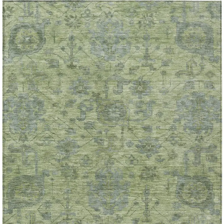9' X 12' Artichoke Green And Gray Damask Washable Indoor Outdoor Area Rug