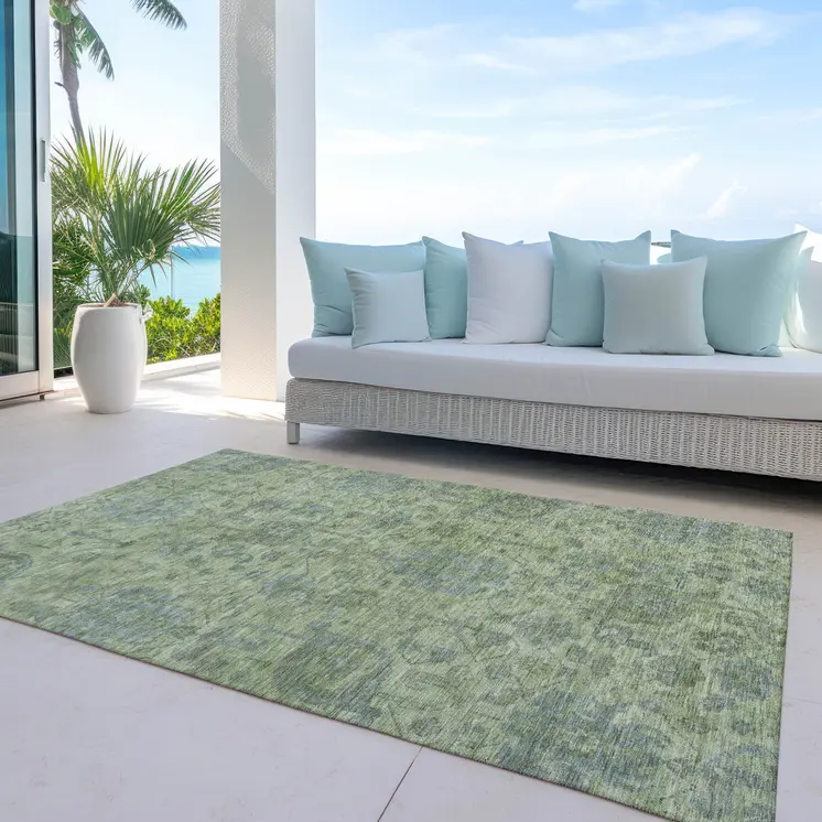9' X 12' Artichoke Green And Gray Damask Washable Indoor Outdoor Area Rug