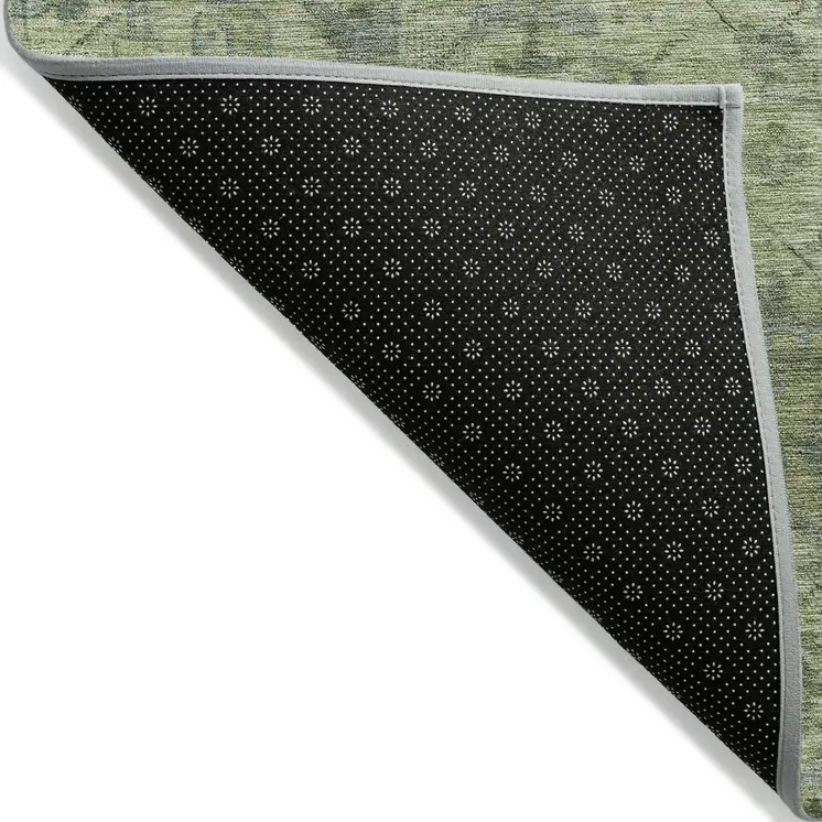 9' X 12' Artichoke Green And Gray Damask Washable Indoor Outdoor Area Rug