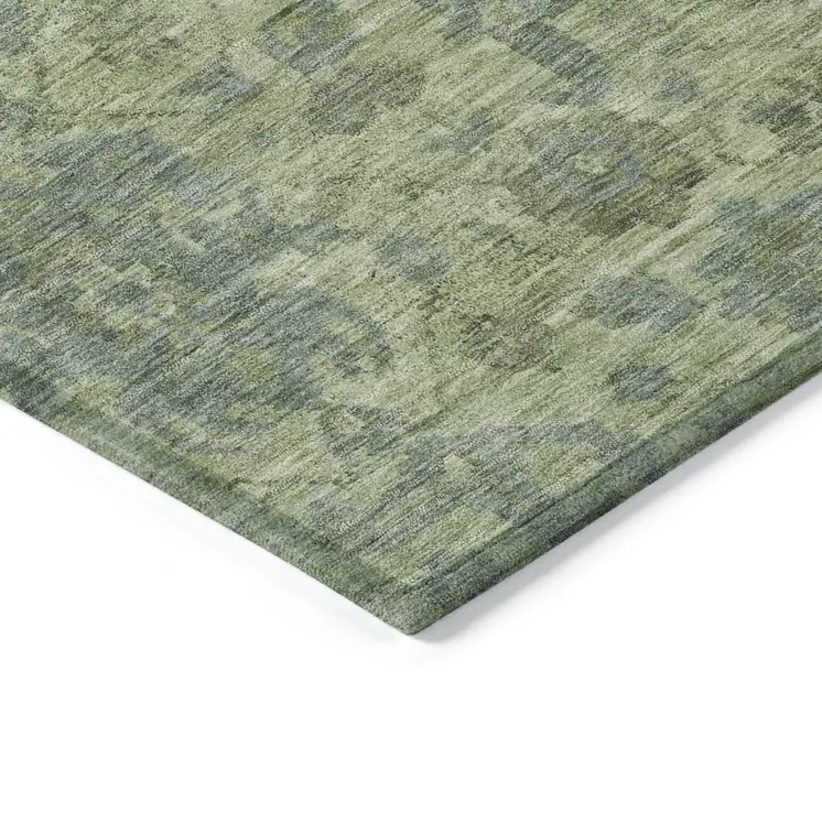 9' X 12' Artichoke Green And Gray Damask Washable Indoor Outdoor Area Rug
