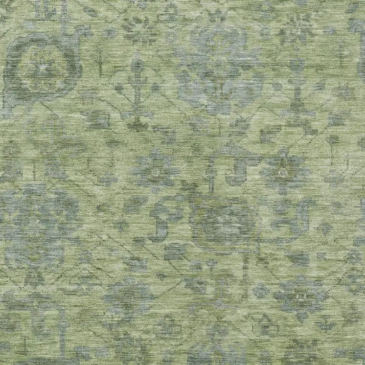 9' X 12' Artichoke Green And Gray Damask Washable Indoor Outdoor Area Rug
