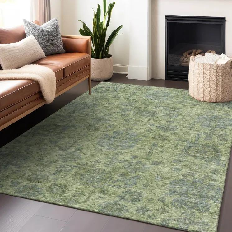9' X 12' Artichoke Green And Gray Damask Washable Indoor Outdoor Area Rug