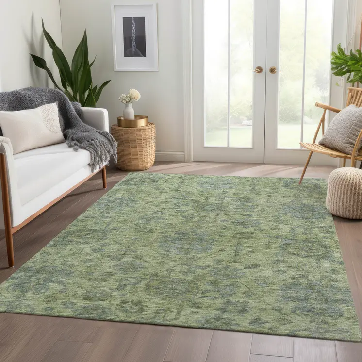 9' X 12' Artichoke Green And Gray Damask Washable Indoor Outdoor Area Rug