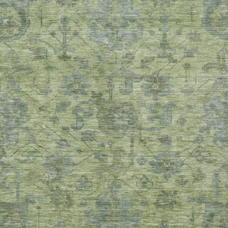 10' X 14' Artichoke Green And Gray Damask Washable Indoor Outdoor Area Rug
