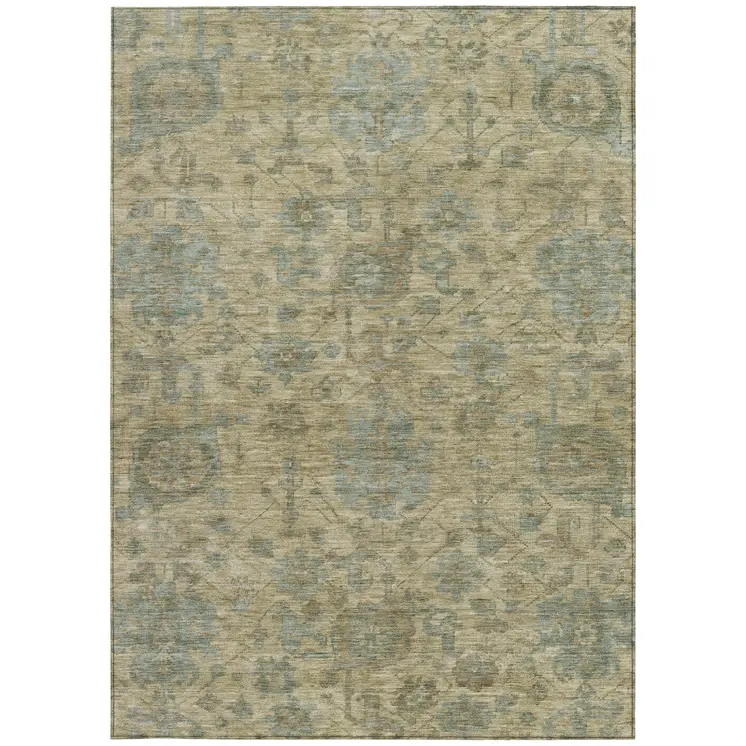5' X 8' Beige And Blue Damask Washable Indoor Outdoor Area Rug
