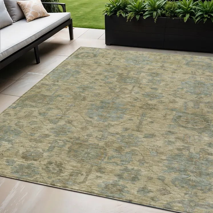 5' X 8' Beige And Blue Damask Washable Indoor Outdoor Area Rug