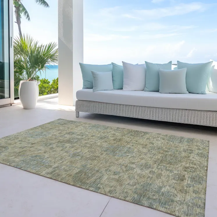 5' X 8' Beige And Blue Damask Washable Indoor Outdoor Area Rug