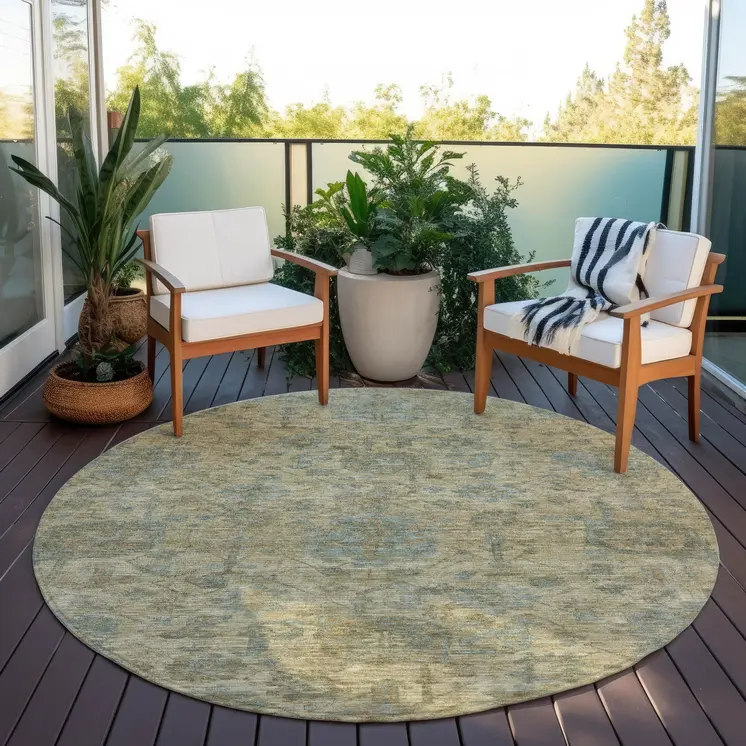 8' Beige And Blue Round Damask Washable Indoor Outdoor Area Rug