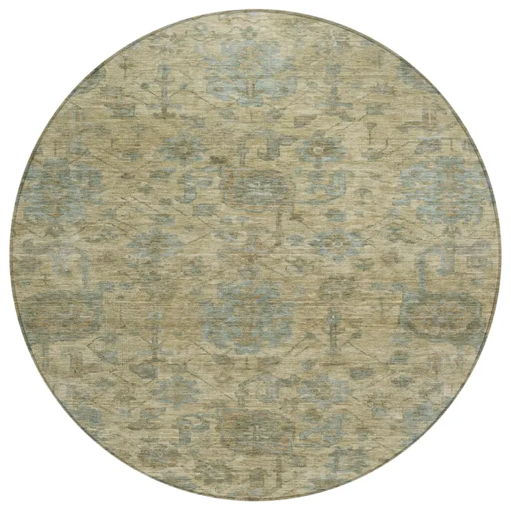 8' Beige And Blue Round Damask Washable Indoor Outdoor Area Rug