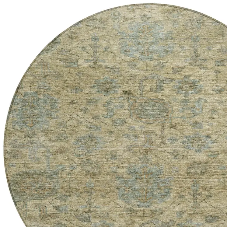 8' Beige And Blue Round Damask Washable Indoor Outdoor Area Rug