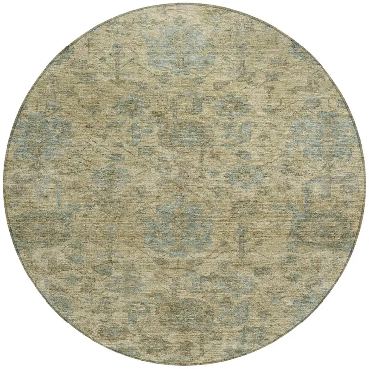 8' Beige And Blue Round Damask Washable Indoor Outdoor Area Rug