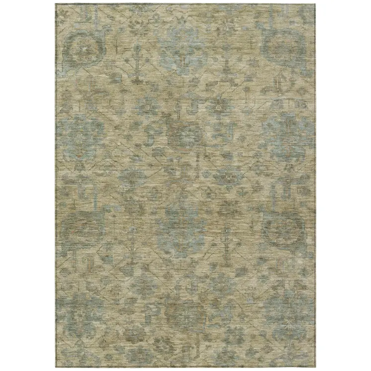 10' X 14' Beige And Blue Damask Washable Indoor Outdoor Area Rug
