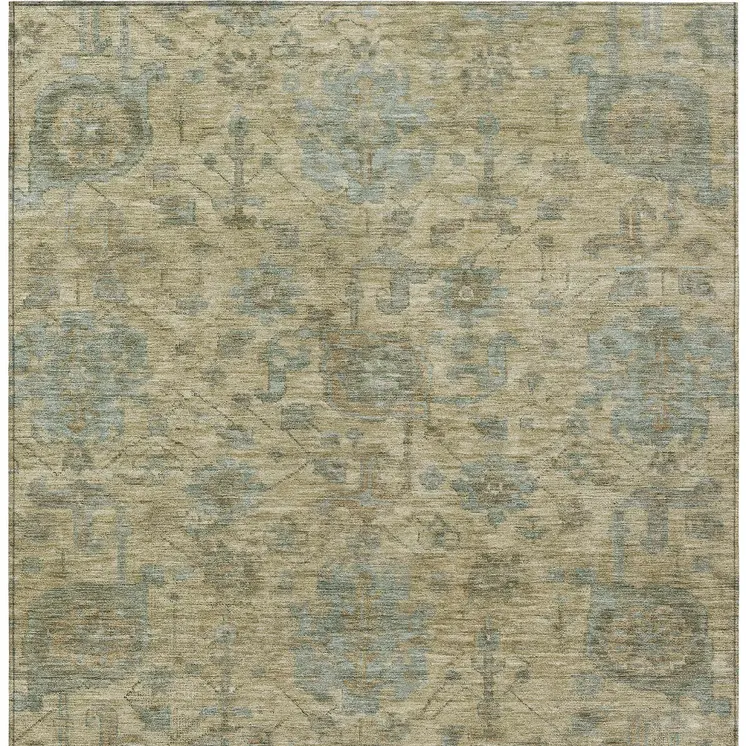 10' X 14' Beige And Blue Damask Washable Indoor Outdoor Area Rug