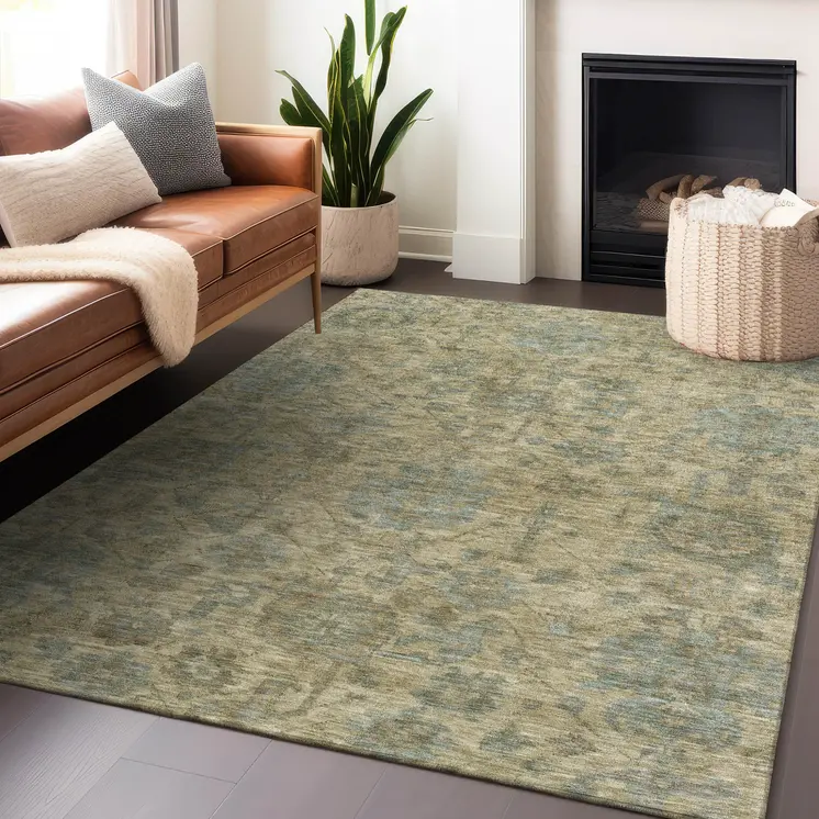 10' X 14' Beige And Blue Damask Washable Indoor Outdoor Area Rug