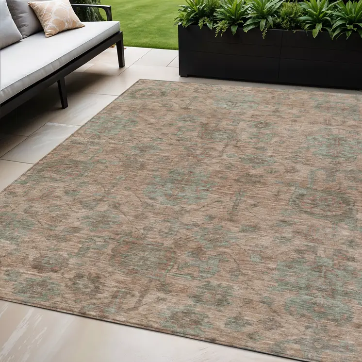 5' X 8' Coral Gray And Brown Damask Washable Indoor Outdoor Area Rug