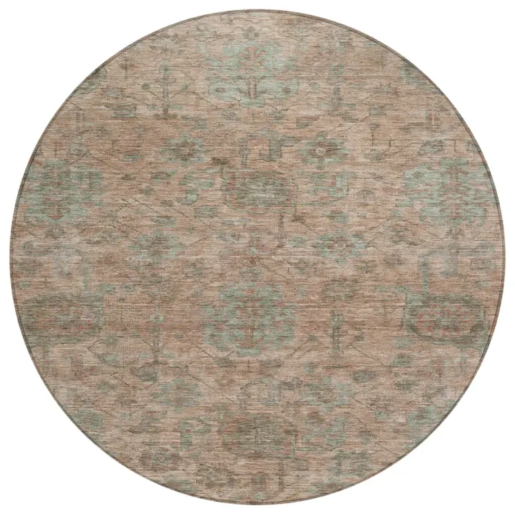 8' Coral Gray And Brown Round Damask Washable Indoor Outdoor Area Rug