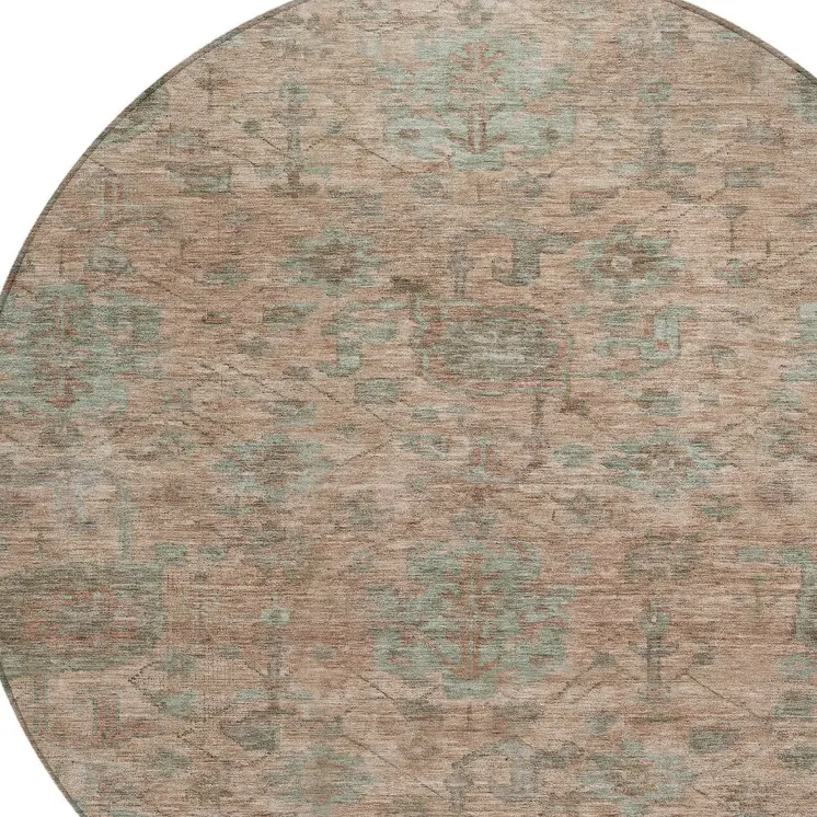 8' Coral Gray And Brown Round Damask Washable Indoor Outdoor Area Rug