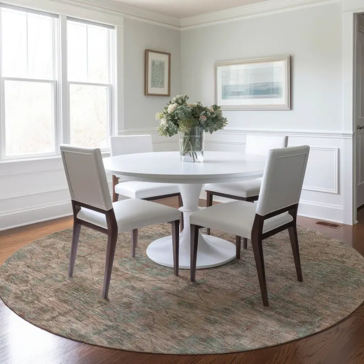 8' Coral Gray And Brown Round Damask Washable Indoor Outdoor Area Rug