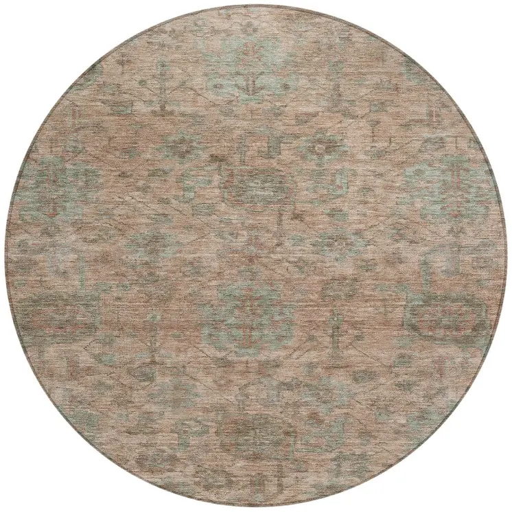 8' Coral Gray And Brown Round Damask Washable Indoor Outdoor Area Rug