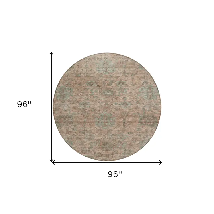 8' Coral Gray And Brown Round Damask Washable Indoor Outdoor Area Rug