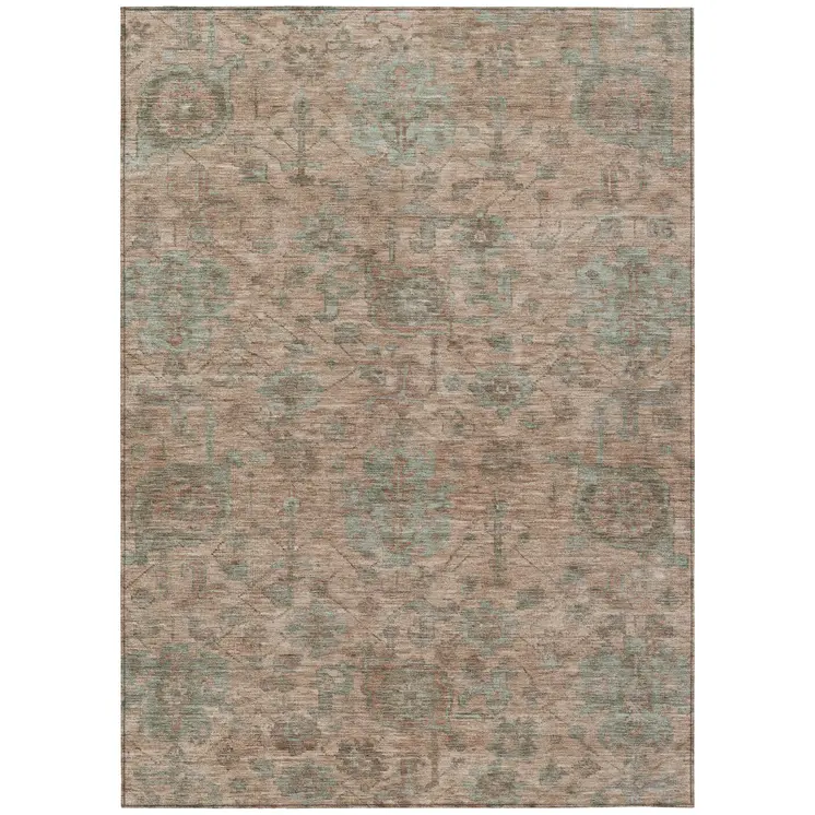 9' X 12' Coral Gray And Brown Damask Washable Indoor Outdoor Area Rug