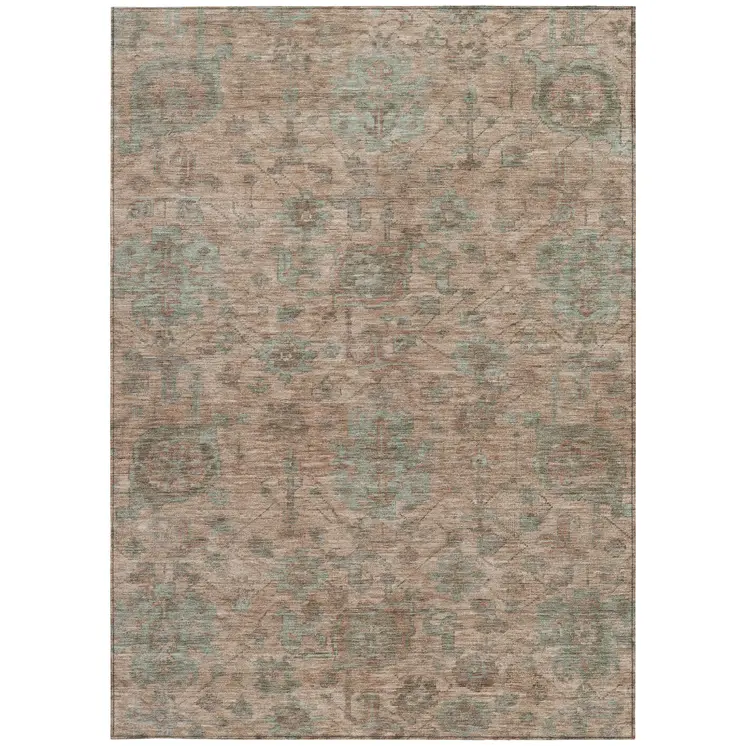 9' X 12' Coral Gray And Brown Damask Washable Indoor Outdoor Area Rug
