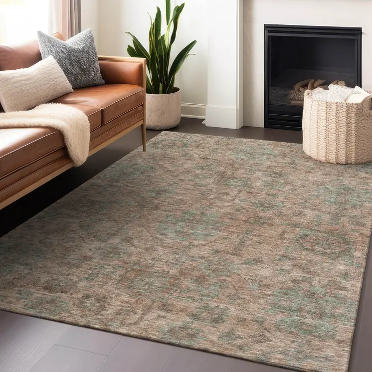 9' X 12' Coral Gray And Brown Damask Washable Indoor Outdoor Area Rug