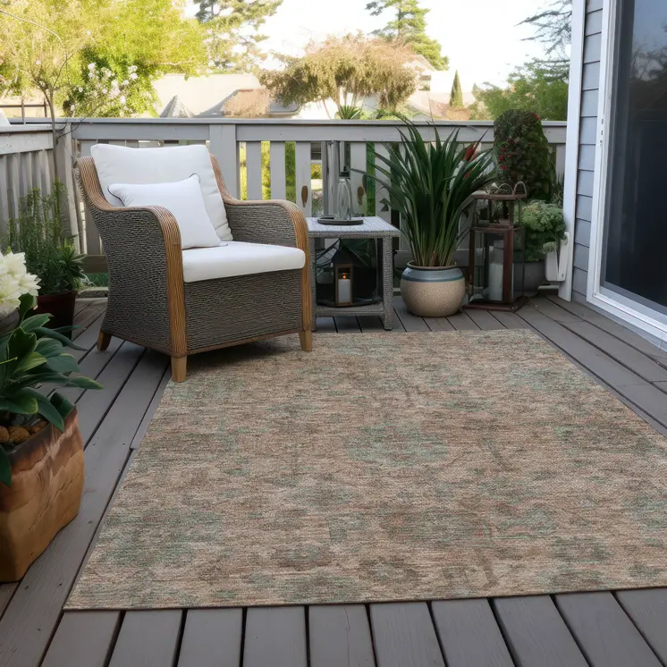 9' X 12' Coral Gray And Brown Damask Washable Indoor Outdoor Area Rug