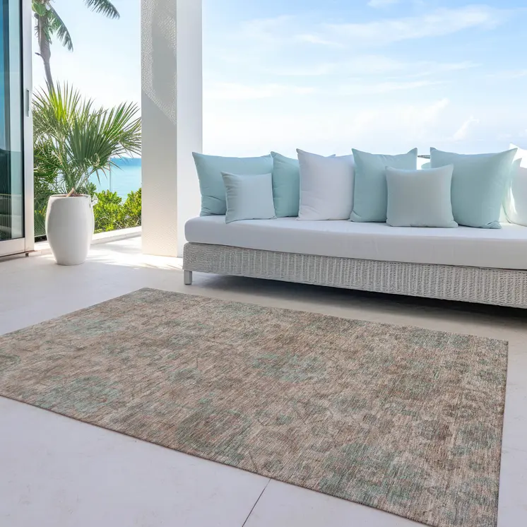 10' X 14' Coral Gray And Brown Damask Washable Indoor Outdoor Area Rug