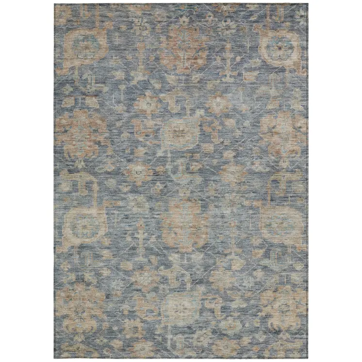3' X 5' Denim Blue Brown And Beige Damask Washable Indoor Outdoor Area Rug