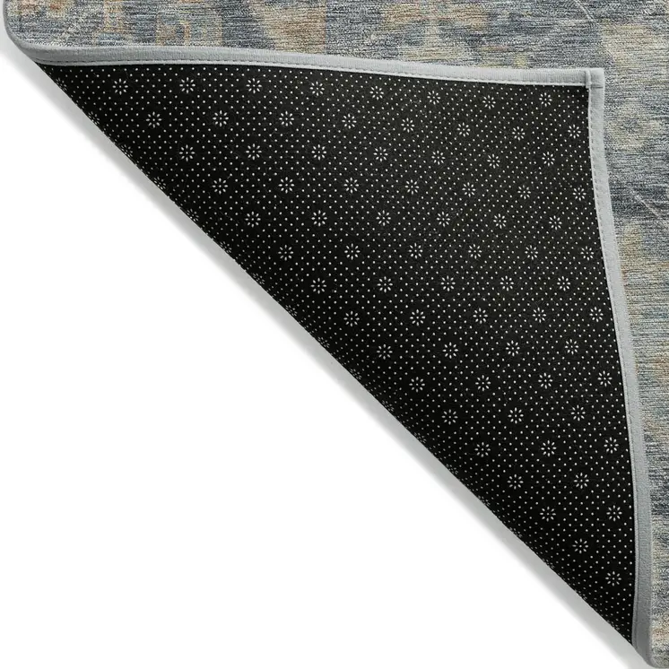 3' X 5' Denim Blue Brown And Beige Damask Washable Indoor Outdoor Area Rug