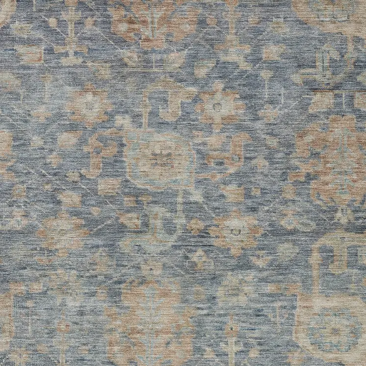 3' X 5' Denim Blue Brown And Beige Damask Washable Indoor Outdoor Area Rug