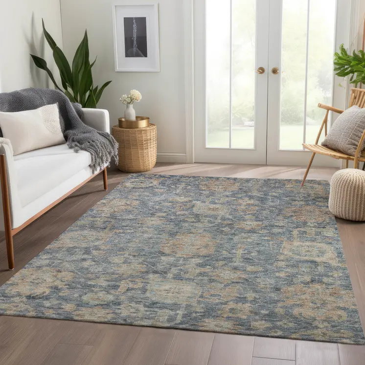 3' X 5' Denim Blue Brown And Beige Damask Washable Indoor Outdoor Area Rug